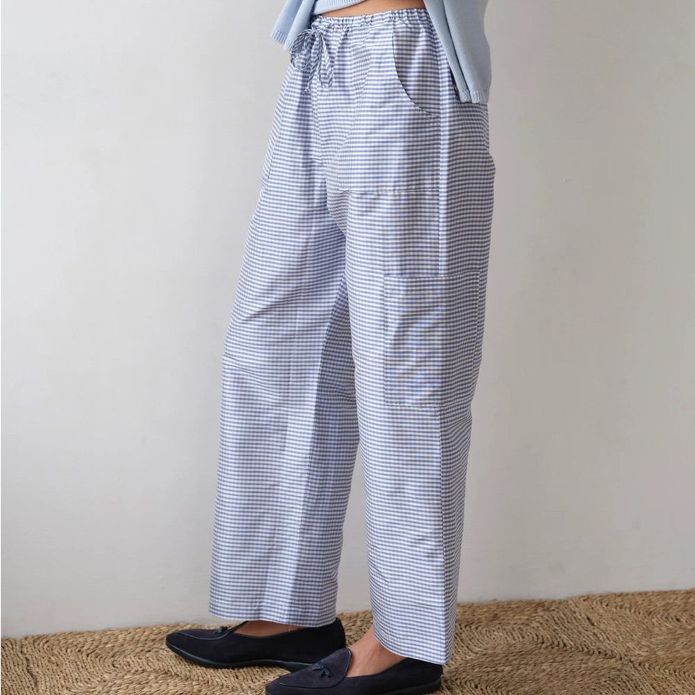 DONNI. Blue Gingham Taffeta Drawstring Cargo Pant - Picture 3 of 5